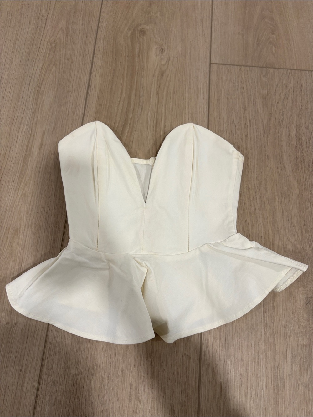 Solemio Ivory Strapless Peplum Bustier Crop Top